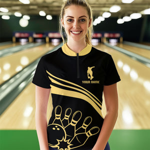Black&Gold Bowling Quarter-Zip Shirt Women Custom Bowling Jersey Vintage Bowling Team League Shirt BDT117