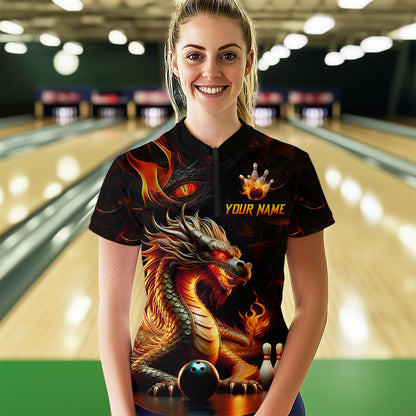 Orange & Black Flame Dragon Bowling Ball Pins Custom Bowling Quarter-Zip Shirt Bowling Team Jersey QZT667
