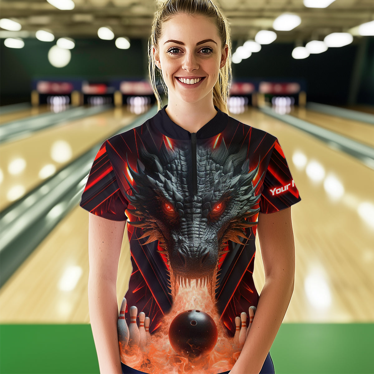 Red & Black Flame Dragon Bowling Shirt 1/4-Zip Bowling Team League for Men Women Bowling Gifts QZT668