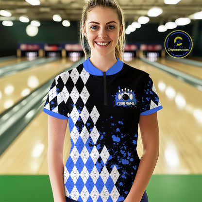 Blue argyle pattern Retro Bowling Shirts For Women Custom My drinking team has a bowling problem NQS9824