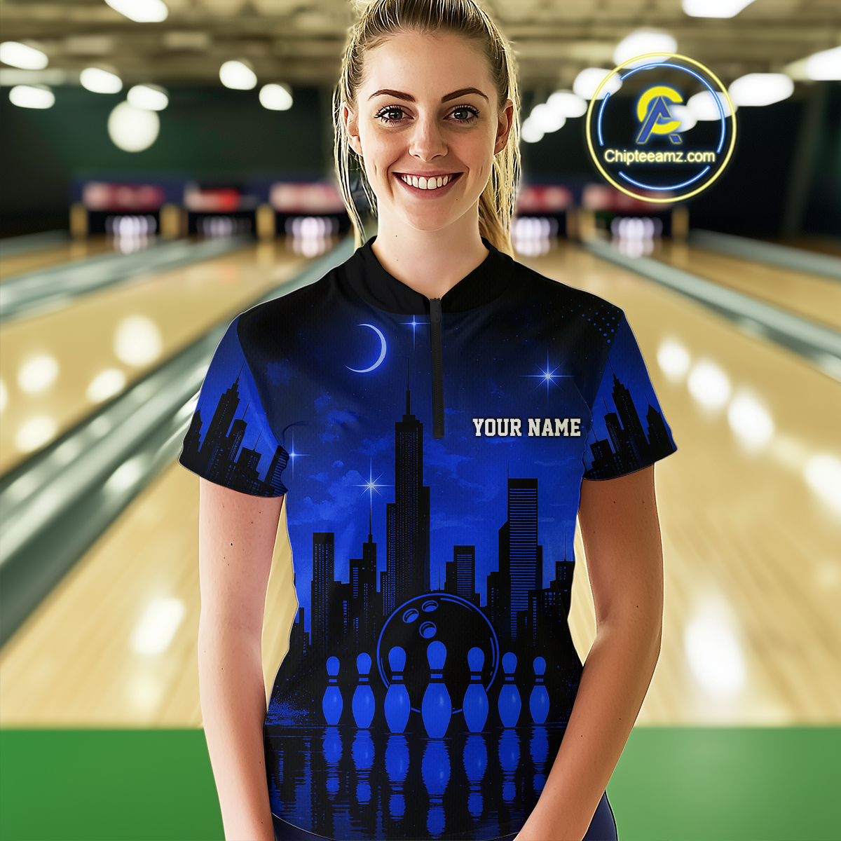 Blue Bowling Custom Women Bowling Shirt Polo & Quarter-Zip Bowling Team Jerseys HNT66