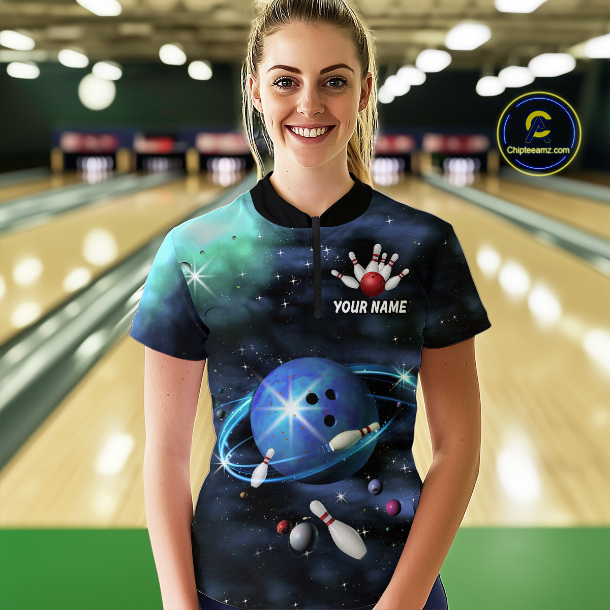 Blue Galaxy Bowling Shirts for Men Women Custom Team Bowling Polo and Quarter Zip MBL123