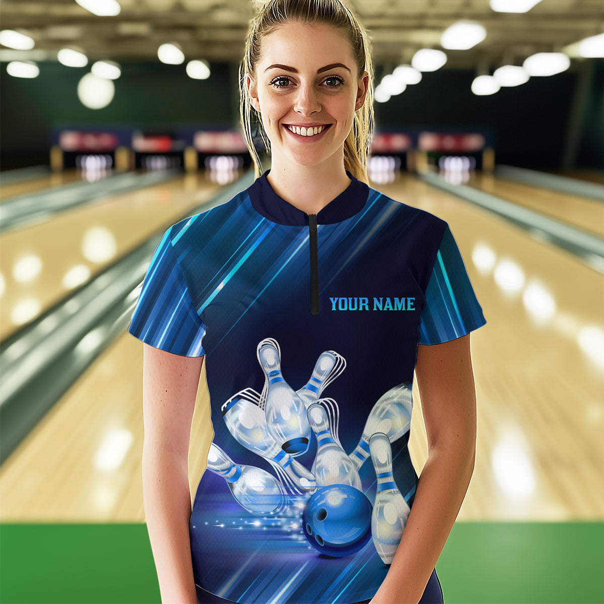 Custom Blue Bowling Jersey for Women Bowling Team Shirts Bowling Uniform Polo & 1/4 Zip HNT162