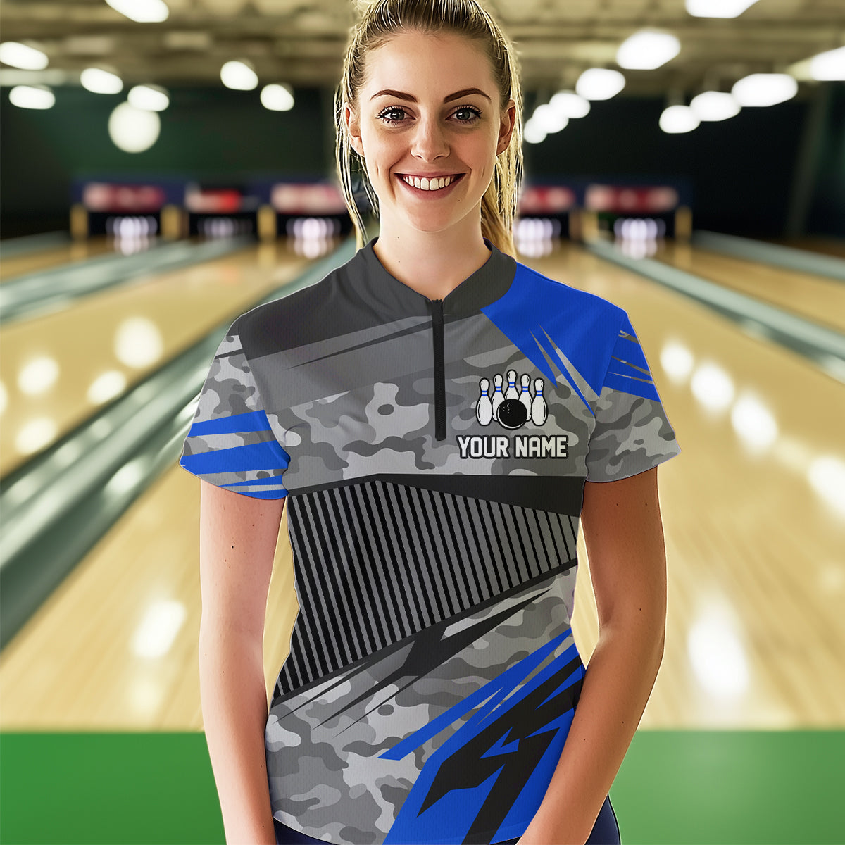 Blue Camo Bowling Shirts for Women Men Custom Team Bowling Polo & 1/4 Zip Shirt MBL61