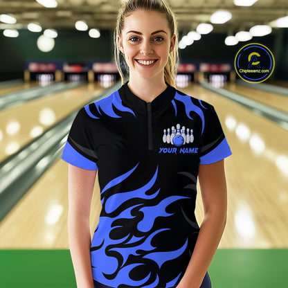 Black and Blue Flame Bowling shirts for Women Custom team bowling jerseys, ladies bowling apparel NQS10267