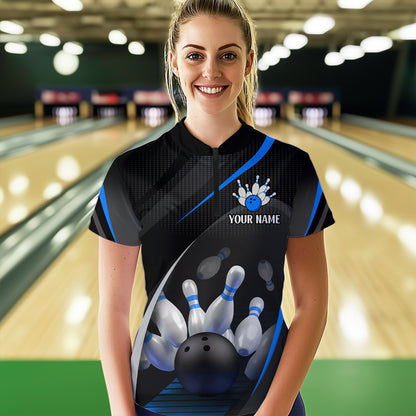 Blue Bowling Shirts for Men Women Team Custom Bowling Polo & Quarter Zip Shirt MBL71