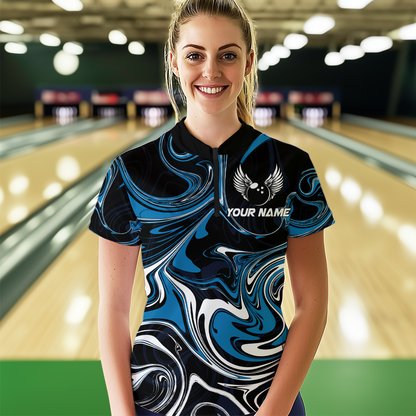 Personalized Bowling Shirt for Men and Women Bowling Team Jersey Blue 1/4 Zip Shirt QZT601