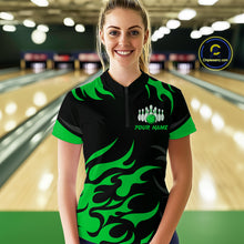 Load image into Gallery viewer, Black and Green Flame Bowling shirts for Women Custom team bowling jerseys, ladies bowling apparel NQS10268
