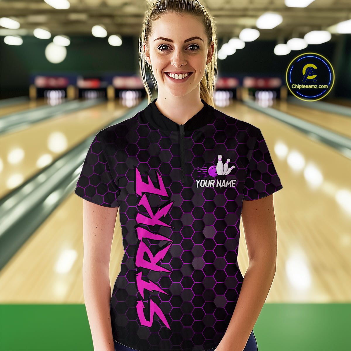 Custom Strike Purple Bowling Women Bowling Shirt Polo & Quarter-Zip Bowling Team Jerseys HNT79