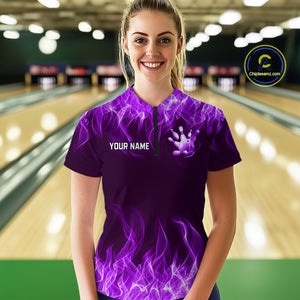 Custom Purple Flame Bowling Jersey for Women Bowling Uniform Polo & 1/4 Zip Bowling Team Shirts HNT106