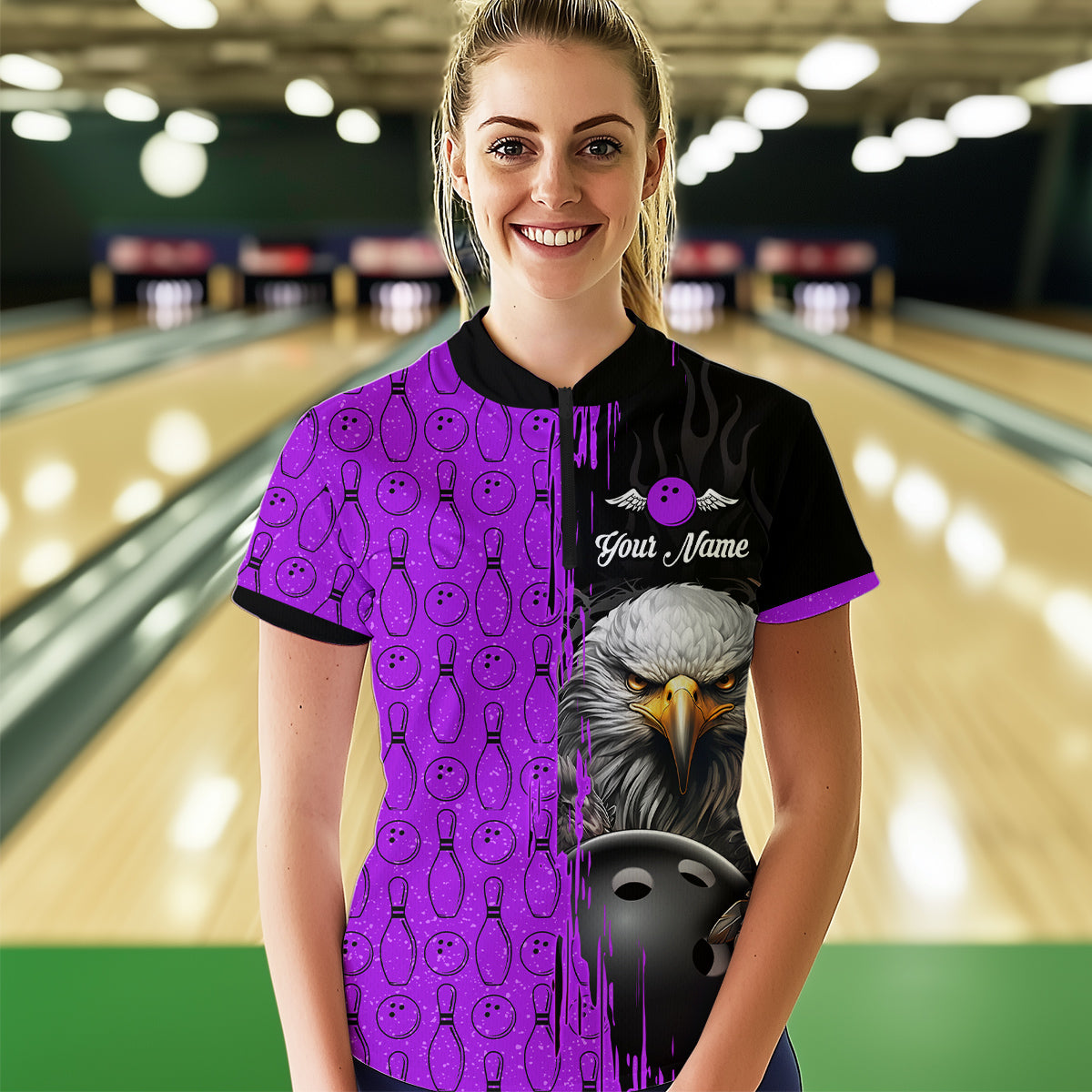Purple Eagle Bowling Custom Women Bowling Shirt Polo & Quarter-Zip Bowling Team Jerseys HNT49