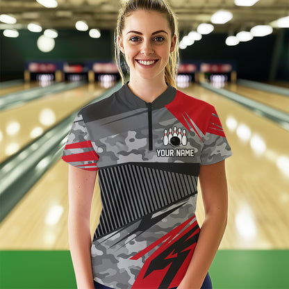 Red Camo Bowling Shirts for Women Men Custom Team Bowling Polo & 1/4 Zip Shirt MBL61