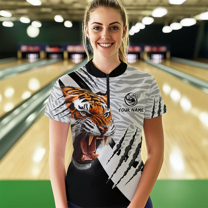 Black & White Bowling Shirt Tiger Bowling Team Jersey Quarter Zip Bowling for Men & Women QZT641
