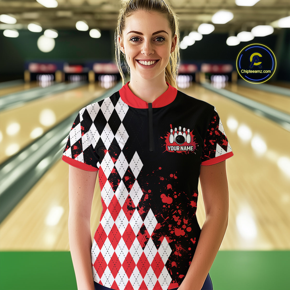 Red argyle pattern Retro Bowling Shirts For Women Custom My drinking team has a bowling problem NQS9825