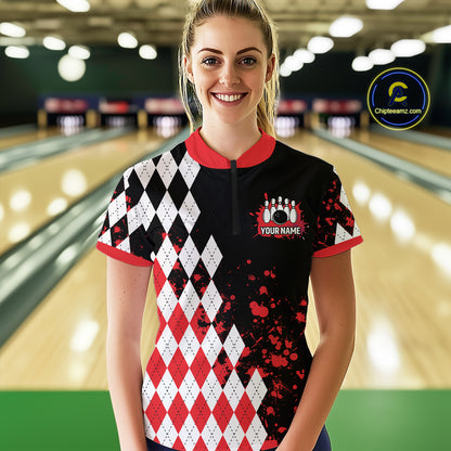 Red argyle pattern Retro Bowling Shirts For Women Custom My drinking team has a bowling problem NQS9825