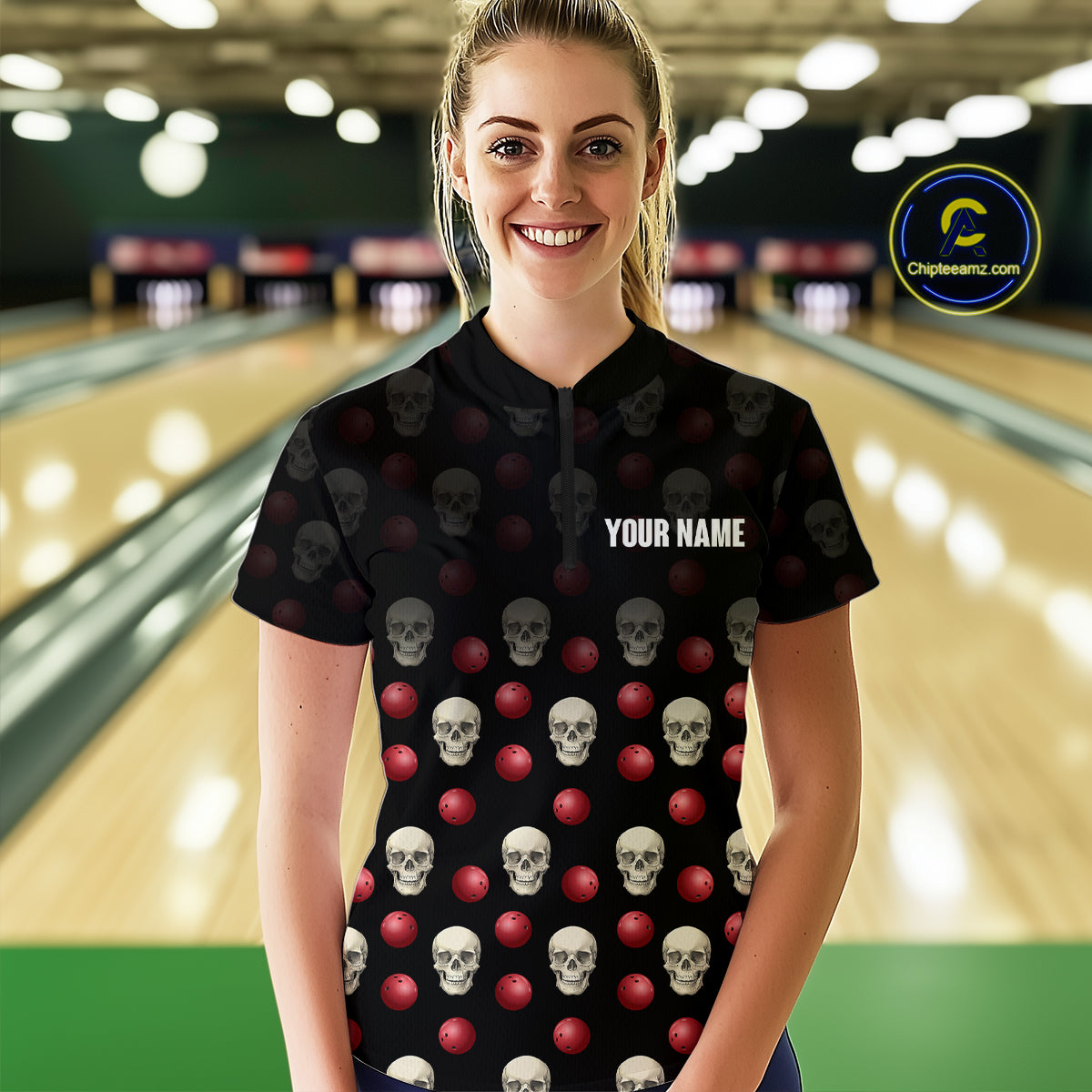 Skull Bowling Shirt Personalized Quarter-Zip Bowling Team jersey Pattern Bowling League QZT690
