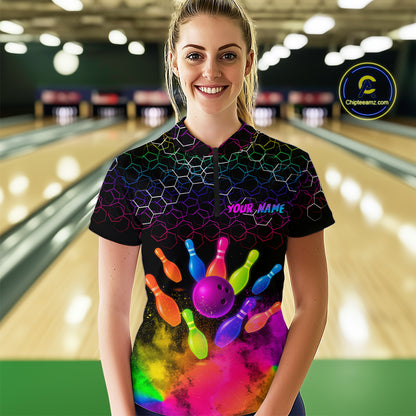 Colorful Bowling Custom Women Bowling Shirt Polo & Quarter-Zip Bowling Team Jerseys HNT73