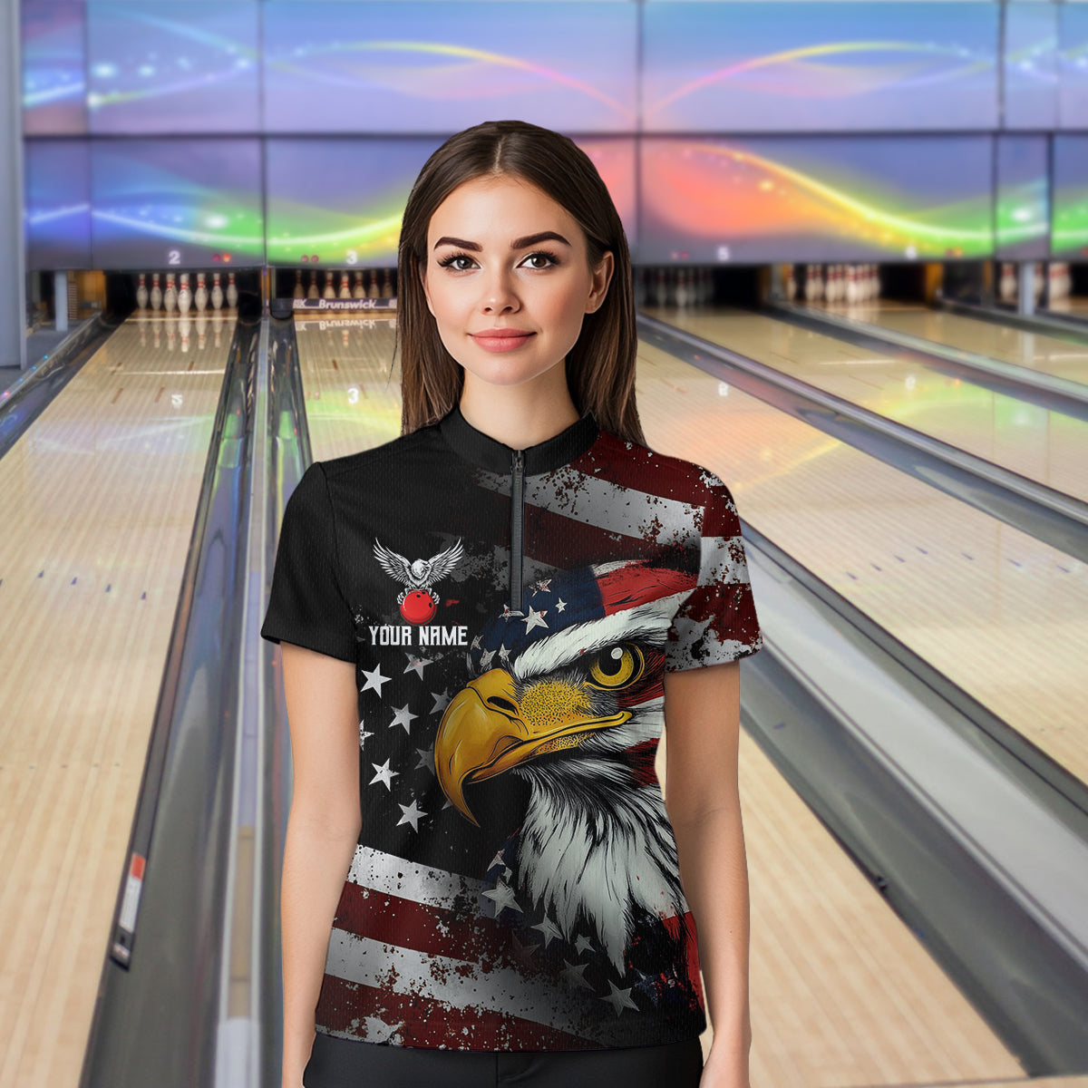 Custom US Eagle Bowling Jersey for Women Bowling Team Shirts Bowling Uniform Polo & 1/4 Zip HNT160