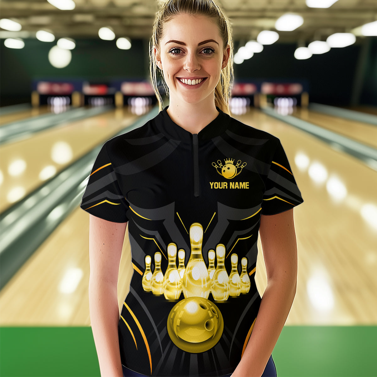 Black and Gold Custom Name Bowling Jerseys For Women Bowling Team Shirts Bowling Pin And Ball HNT26