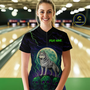 Purple And Green Wolf & Skull Bowling Team Shirt for Women Custom Bowling League Jersey Bowling Unisex QZT732
