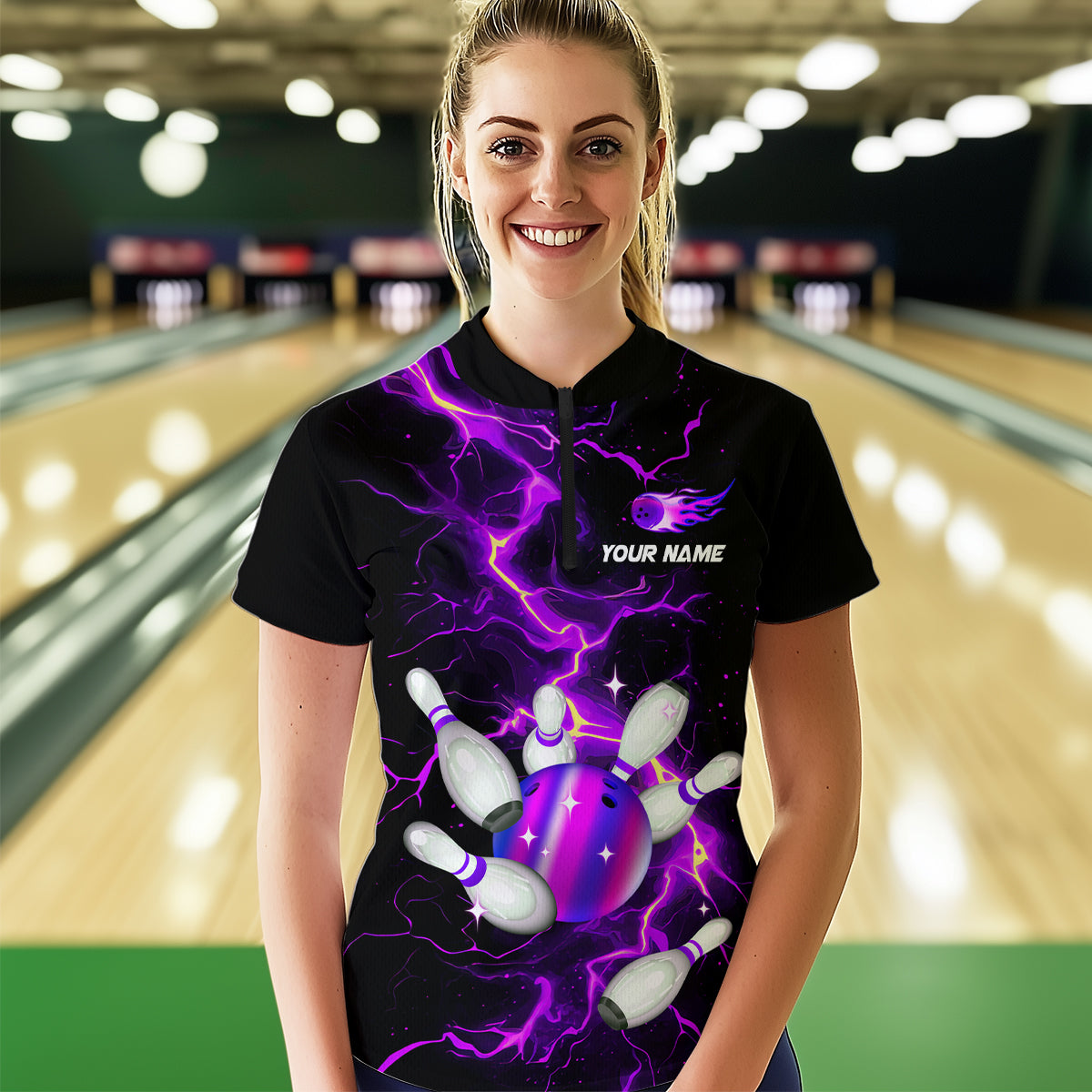 Black and Purple Lightning Bowling Shirts For Women Custom Bowling Team Uniform Bowlers Outfits NQS9597