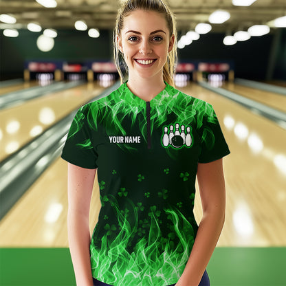 Personalized St Patrick Day Funny Flaming Bowling Shirt Women Team Polo & 1/4 Zip Shirts HNT13