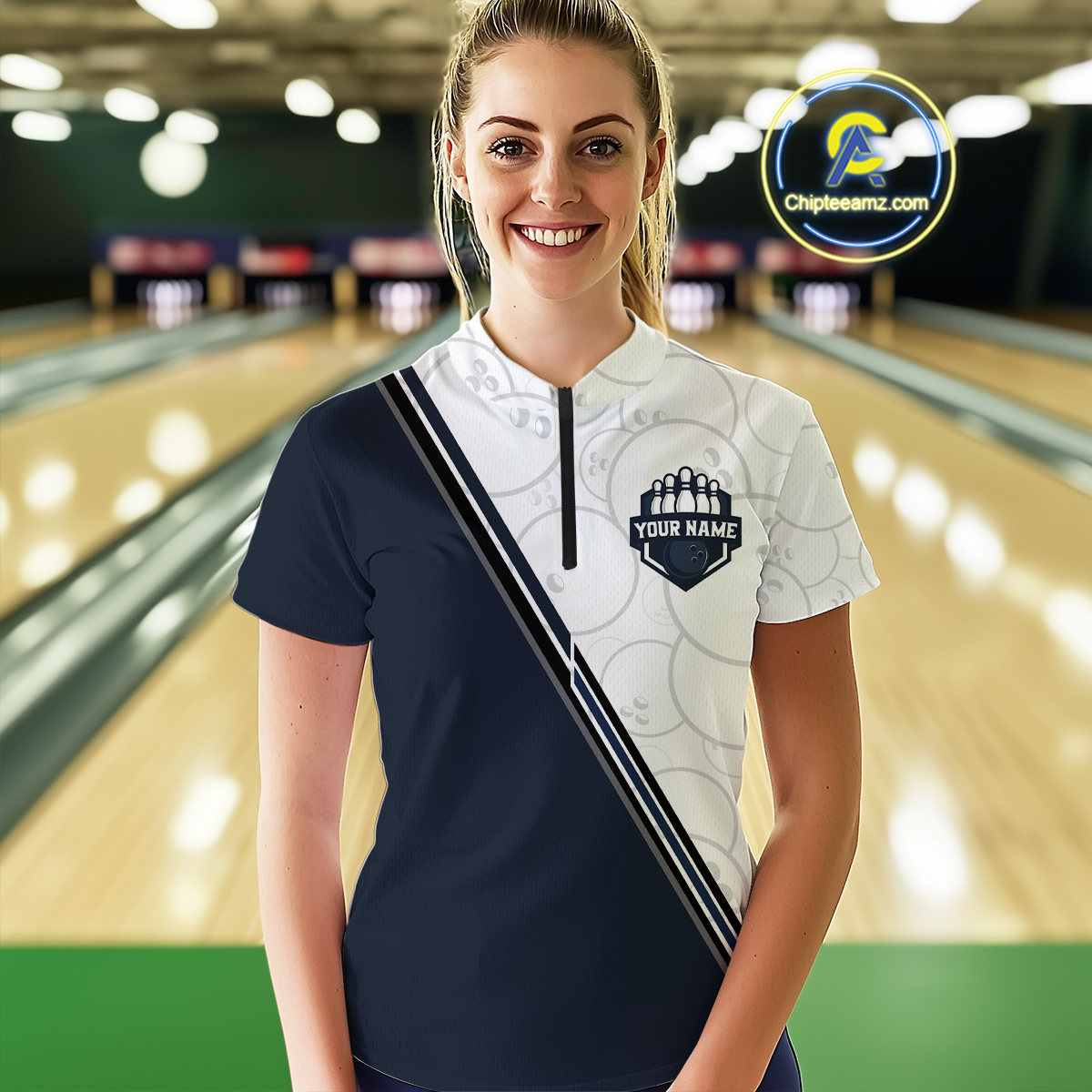 Dark Blue Bowling Custom Women Bowling Shirt Polo & Quarter-Zip Bowling Team Jerseys HNT64
