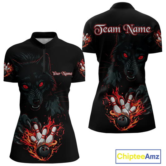 Custom Flame Wolf Bowling Jersey for Women Bowling Uniform Polo & 1/4 Zip Bowling Team Shirts HNT144