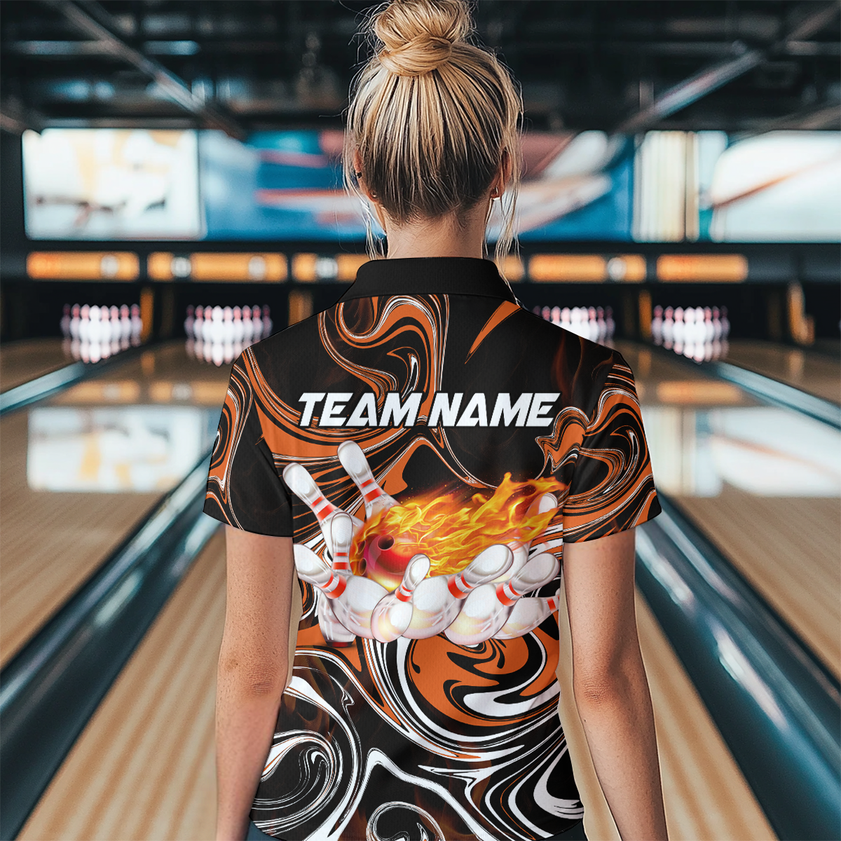 Custom Flame Bowling Shirt Orange Quarter Zip Bowling Shirt Unisex Bowling Outfits QZT602