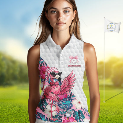 Pink Flamingo Golf Shirt For Women Sleeveless, Funny Tropical Patten Golf Polo Shirt, Ladies Golf Outfit For Team NHT730