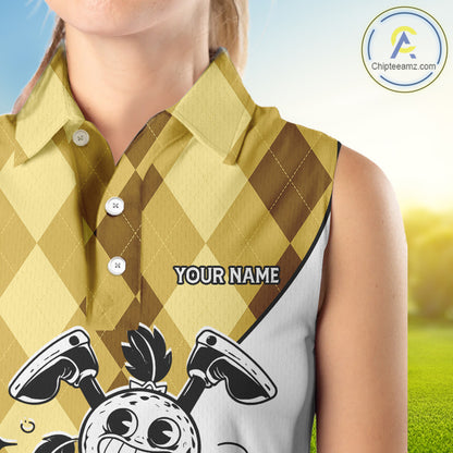 Funny Golf Ball Pattern Argyle Sleeveless Womens Golf Polo Shirts Custom Golf Outfits Ladies, Green Golf Tops NHT786