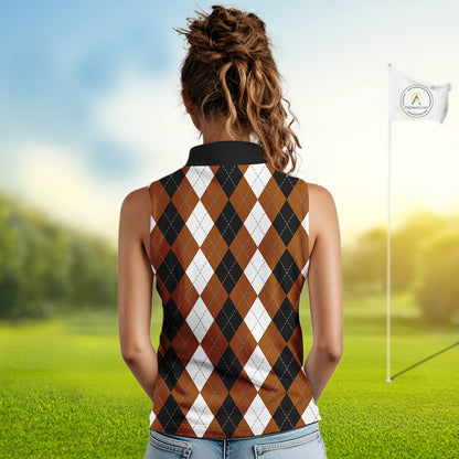 Women sleeveless polo shirt custom brown argyle plaid pattern golf attire for ladies NQS9848