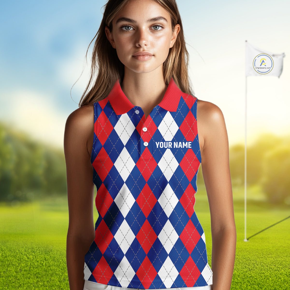 Women sleeveless polo shirt custom red, white and blue argyle plaid pattern golf attire for ladies NQS9847