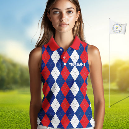 Women sleeveless polo shirt custom red, white and blue argyle plaid pattern golf attire for ladies NQS9847