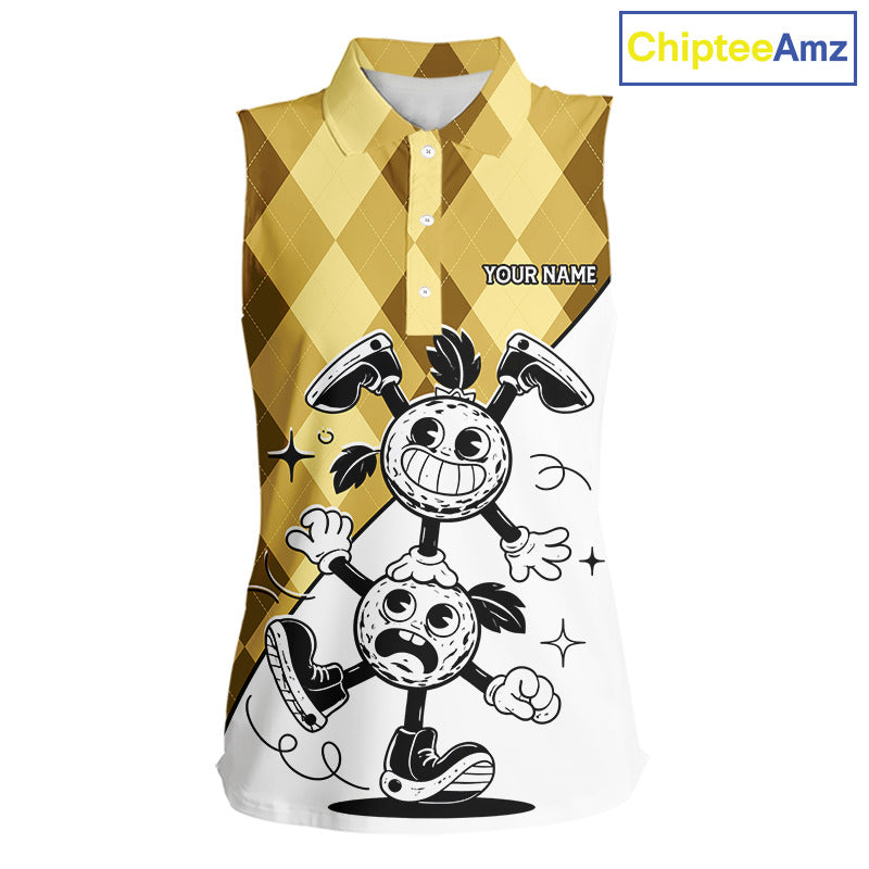 Funny Golf Ball Pattern Argyle Sleeveless Womens Golf Polo Shirts Custom Golf Outfits Ladies, Green Golf Tops NHT786