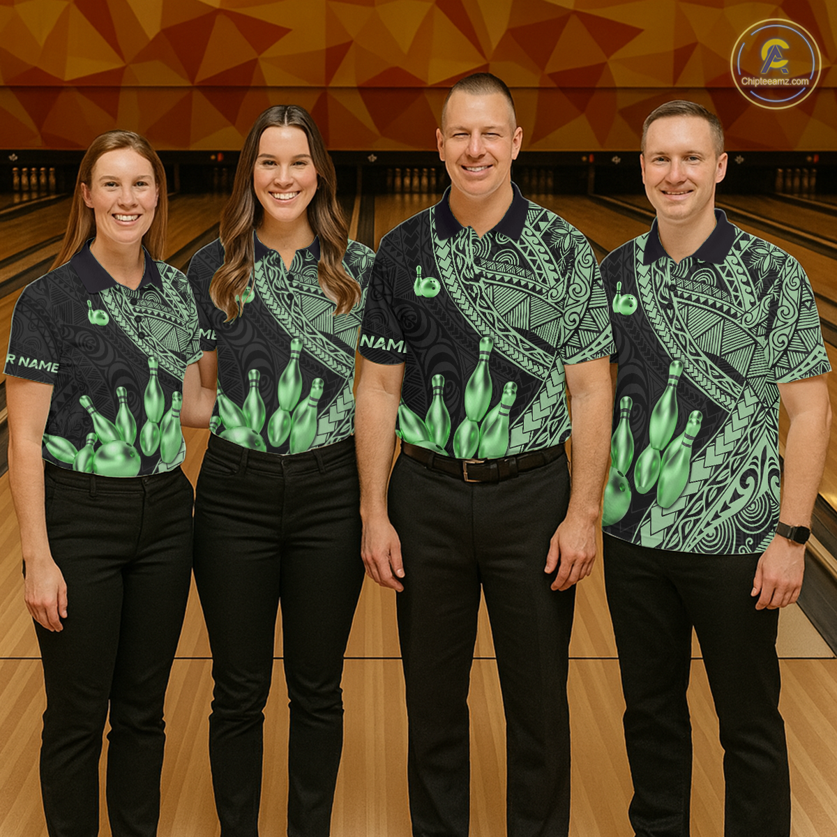 Black and Green Tribal Pattern Bowling Jersey for Men Bowling Uniform Bowling Team Shirts HNT225