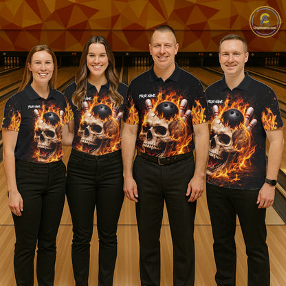 Flame Skull Bowling Polo, 1/4 zip shirts for Women custom Skull team Bowling uniforms league jerseys NQS11577
