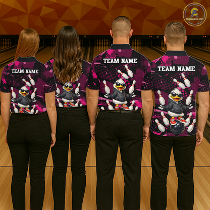 Custom Pink Funny Duck Bowling Shirt for Men Bowling Jersey Polo & 1/4 Zip Bowling Outfit QZT943
