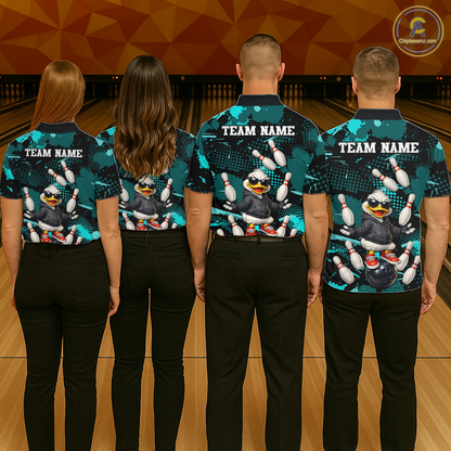 Custom Turquoise Funny Duck Bowling Shirt for Women Bowling Jersey Polo & 1/4 Zip Bowling Outfit QZT943