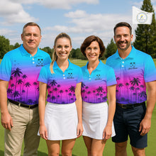 Load image into Gallery viewer, Pink Blue Neon Palm Pattern Mens Golf Polo Shirt Custom Golf Ball Blue Golf Tops, Golfer Gifts NHN0157