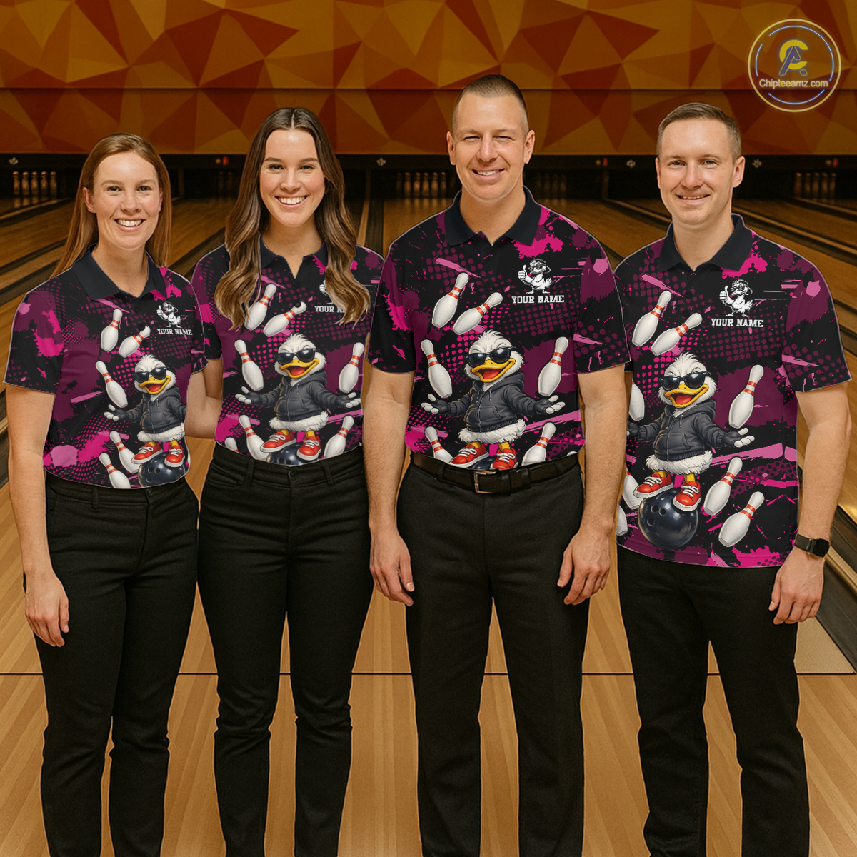 Custom Pink Funny Duck Bowling Shirt for Men Bowling Jersey Polo & 1/4 Zip Bowling Outfit QZT943