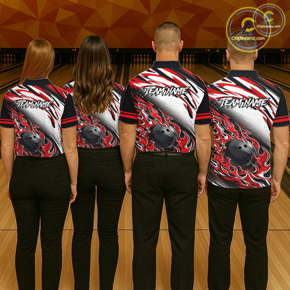 Red Flame Bowling Polo, Quarter Zip Shirts For Men Custom Bowling Team Jerseys, Gift For Bowlers NQS11738