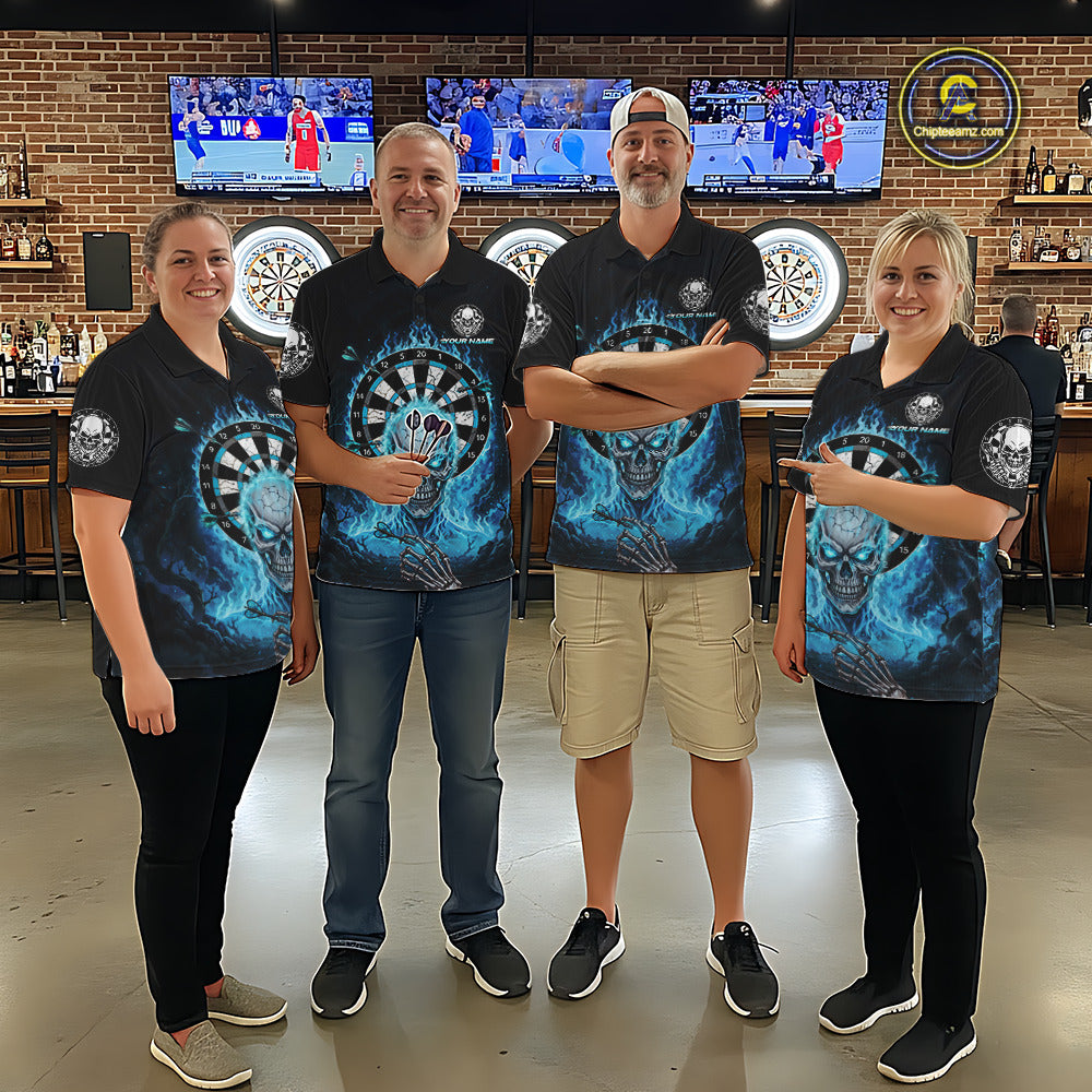 Black Blue Flaming Skeleton Darts Custom Men's Dart Polo Shirts Team Dart League Jerseys NYN2073