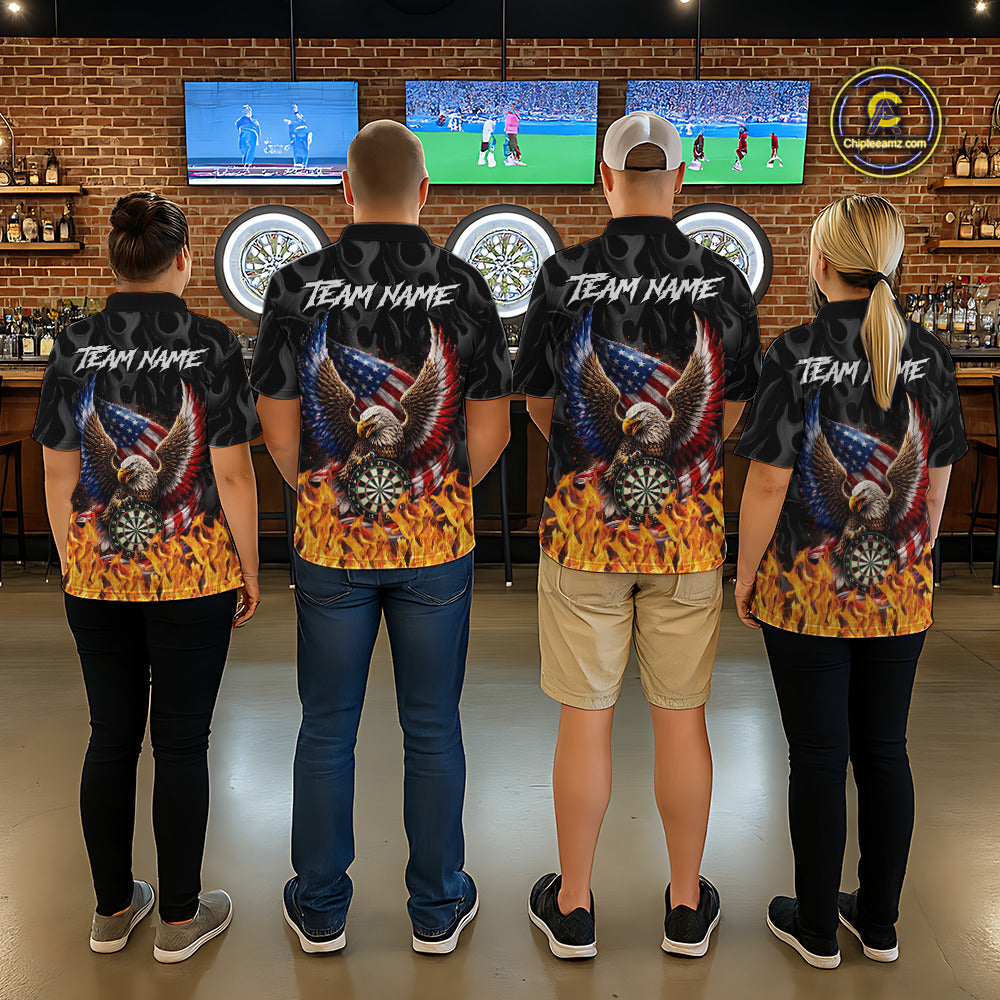 Personalized Fire Flame US Flag Eagle Dart Polo & 1/4-Zip Shirts For Men Patriotic Dart Gifts NYN2795