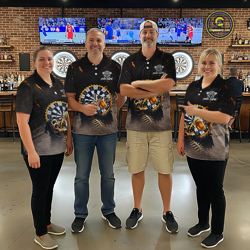 Personalized Funny Grim Reaper Play Darts & Beer Polo & 1/4-Zip Shirts For Men Dart Team Jerseys NYN2815