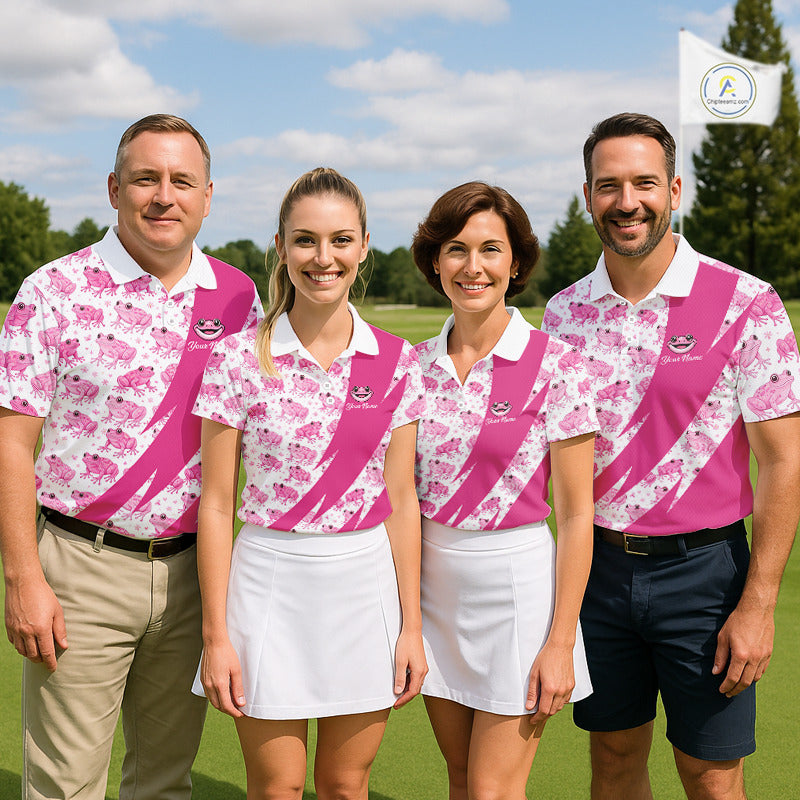 Funny Mens Golf Polo Shirts Custom Pink Frog Pattern Golf Attire For Men Personalized Golfer Gifts NHN0136