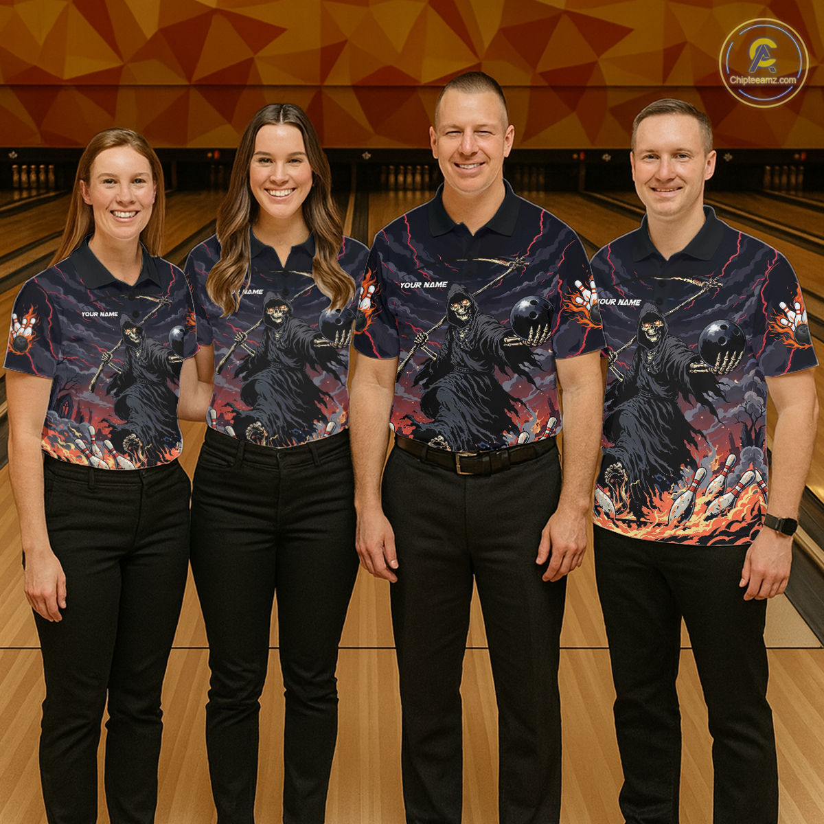 Custom Grim Reaper Flame Bowling Jersey for Women Bowling Team Shirts Polo & 1/4 Zip HNT193
