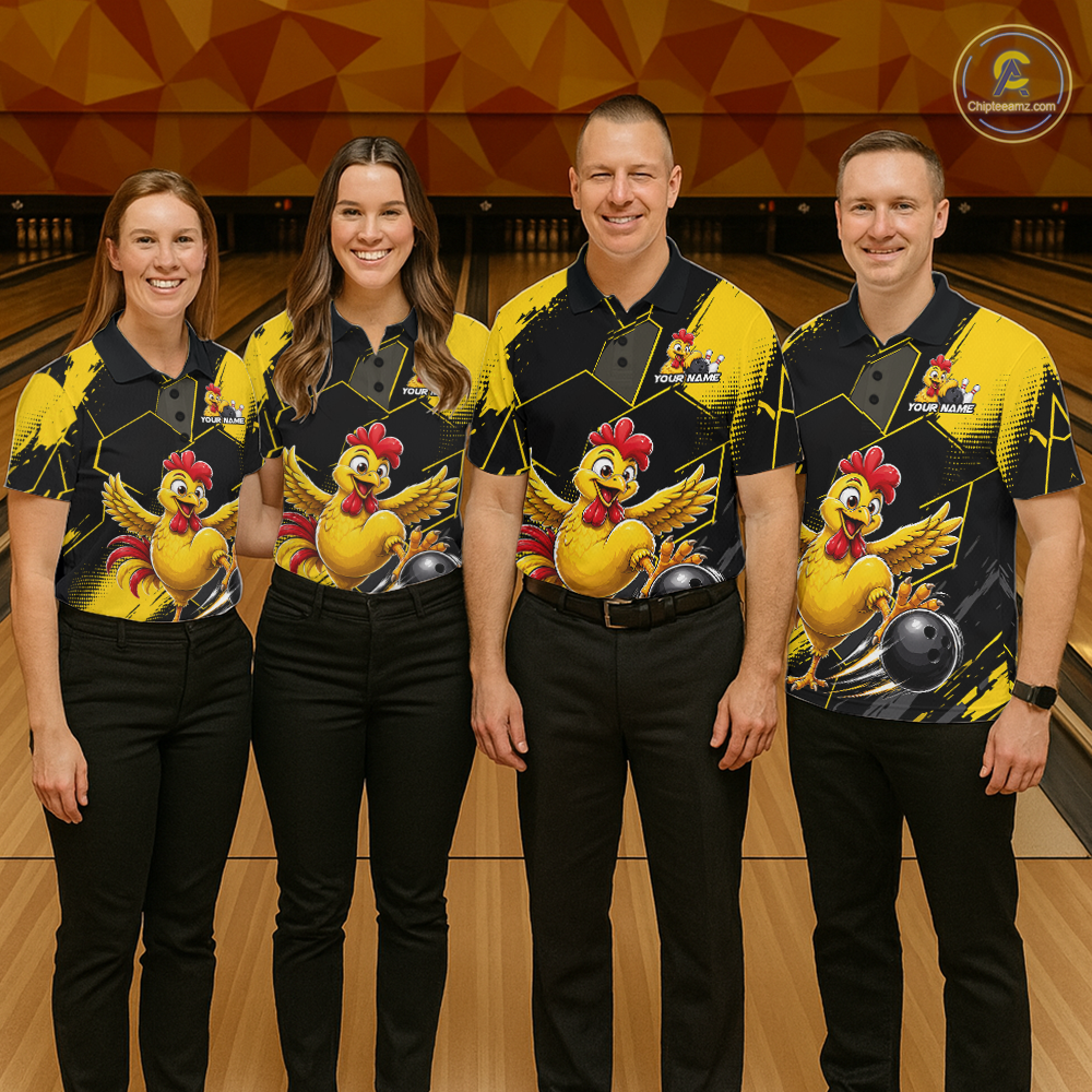 Custom Black & Yellow Funny Chicken Bowling Shirt for Women Bowling Team Jersey Polo & 1/4-Zip QZT1010