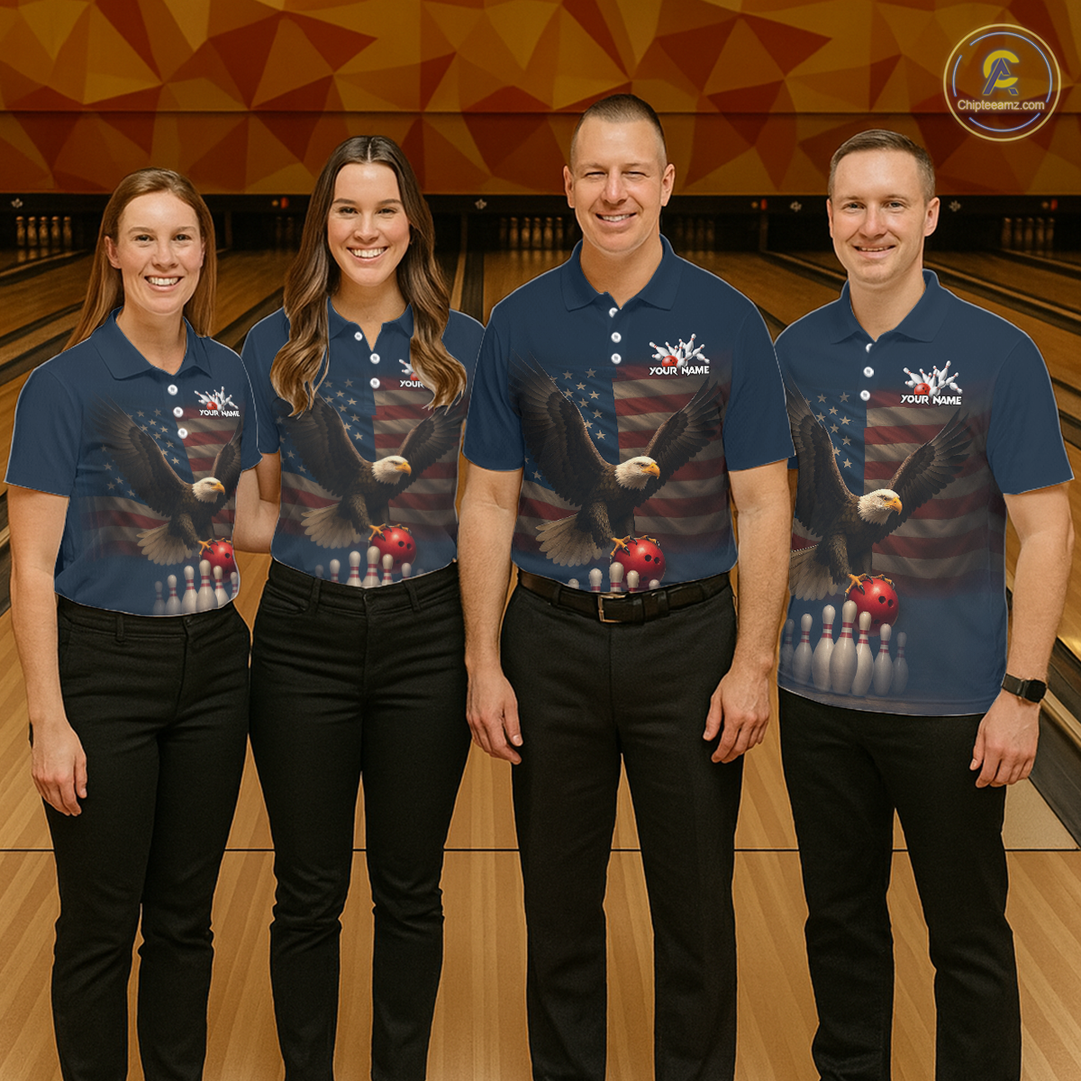 Group of four wearing custom navy patriotic bowling shirts front view featuring a bald eagle, American flag and bowling pins at the bowling alley