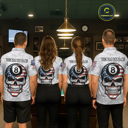 Personalized White Grunge American Flag Skull Pool 8 Ball Men's Billiard Team Shirt Billiard Attire NYN2671